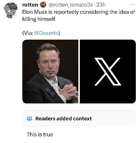 rotten @rotten tomato3s Elon Musk is reportedly considering the idea of killing himself (Via: @Dexerto) 7a» Readers added context This is true