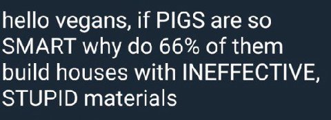 hello vegans, if PIGS are so SMART why 66% of them build houses with INEFFECTIVE, STUPID materials