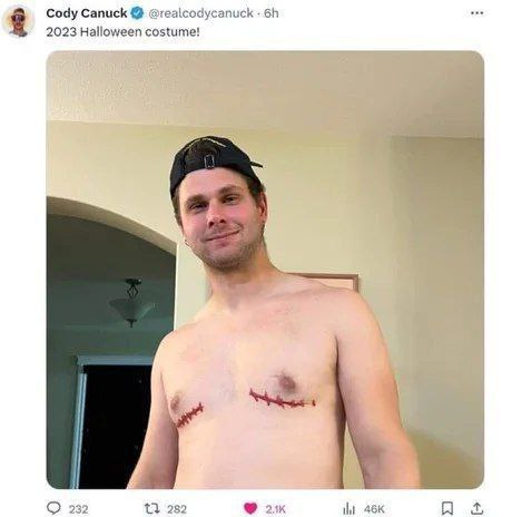 Cody Canuck @realcodycanuck 2023 Halloween costume! у О 232 3 282 2% Я