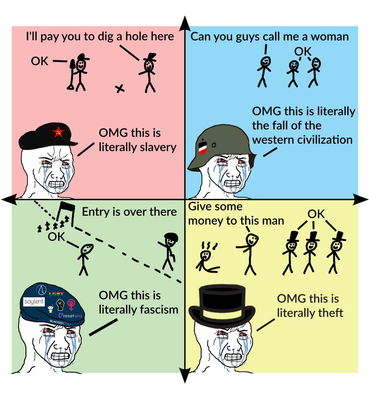 I'll pay you to dig а hole here Can you guys call me a woman OMG this is literally the fall of the OMG this is western civilization literally slavery Entry is over there Give some money to this man ОМ