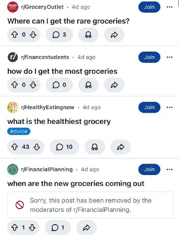 r/GroceryOutlet ago Where can get the rare groceries? vos Я a eee r/financestudents ago how get the most groceries a r/HealthyEatingnow ago eee what is the healthiest grocery 43 О 10 Я a eee r/Financi