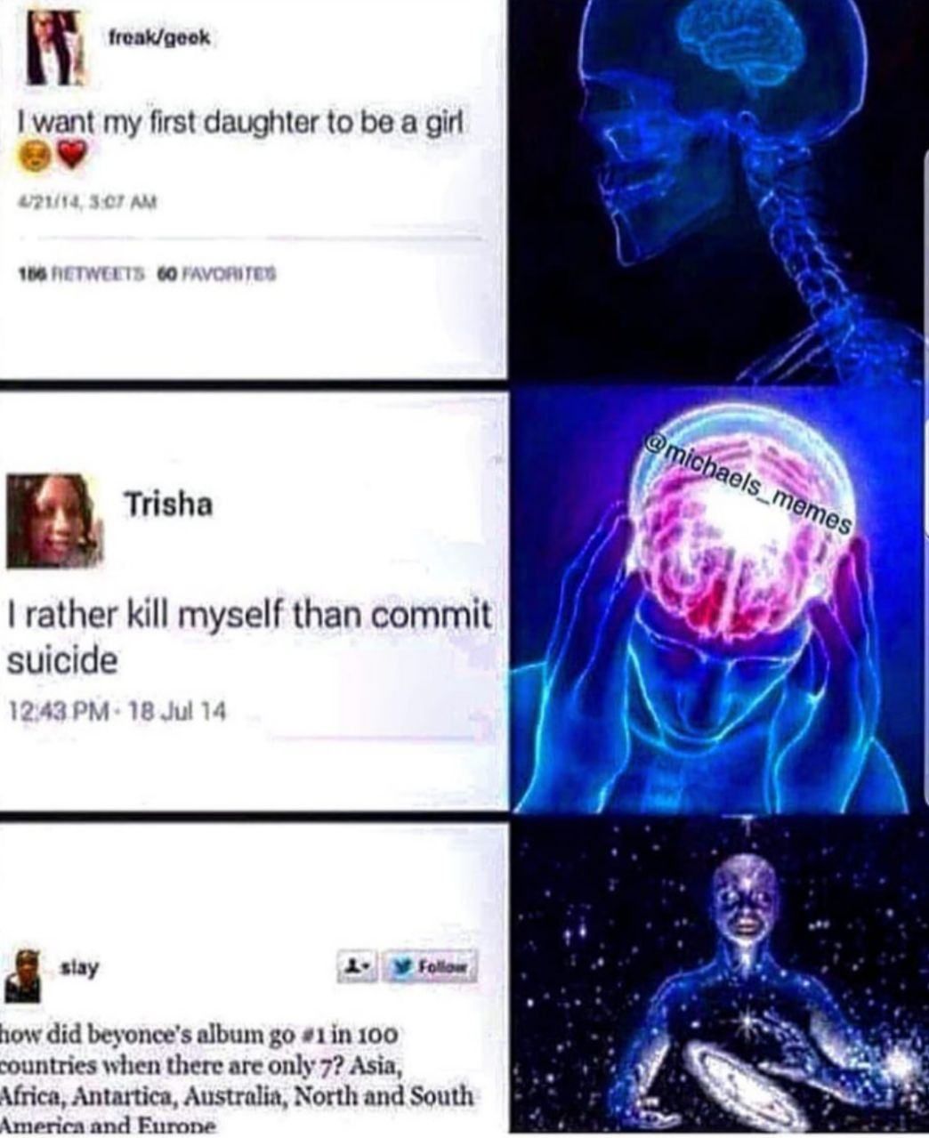 ноаК/аеск i want my first daughter to be a girl 106 NETWEETS 60 Trisha rather kill myself than commit suicide <4 12.43 18 Jul 14 у у Я slay follow У how did beyonce’s album #1 100 countries when there