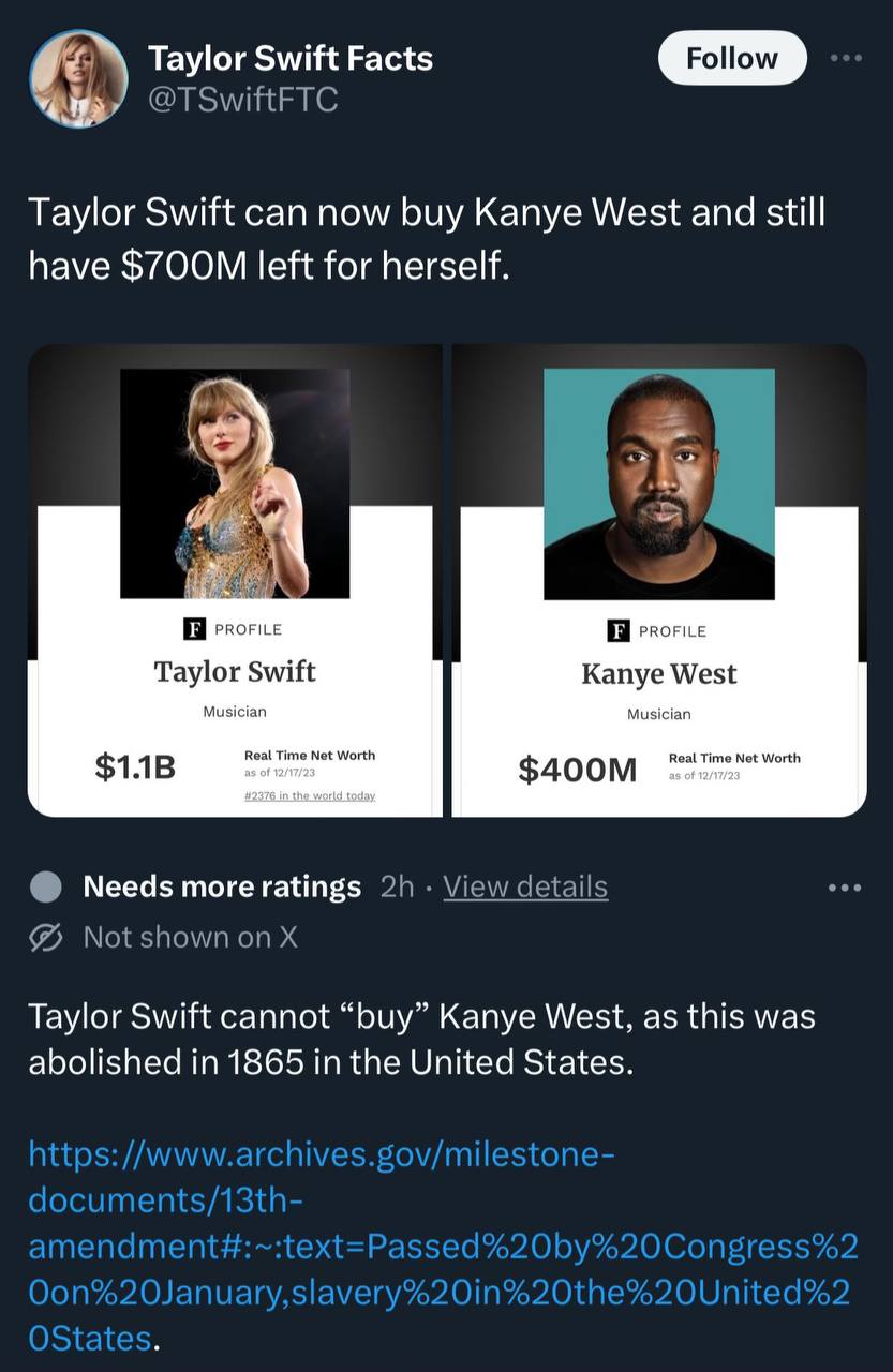 Taylor Swift Facts Роном Taylor Swift can now buy Kanye West and still have left for herself. Taylor Swift Kanye West Musician Musician Needs more ratings Taylor Swift cannot “buy” Kanye West, as this