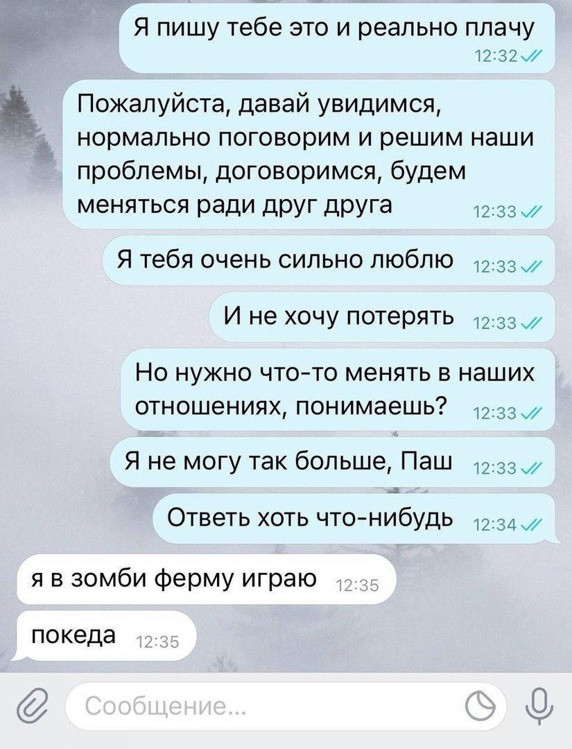 Я пишу тебе это и реально плачу Пожалуйста, давай увидимся, нормально поговорим и решим наши проблемы, договоримся, будем меняться ради друг друга 12:33 Я тебя очень сильно люблю 12:33 И не хочу потер