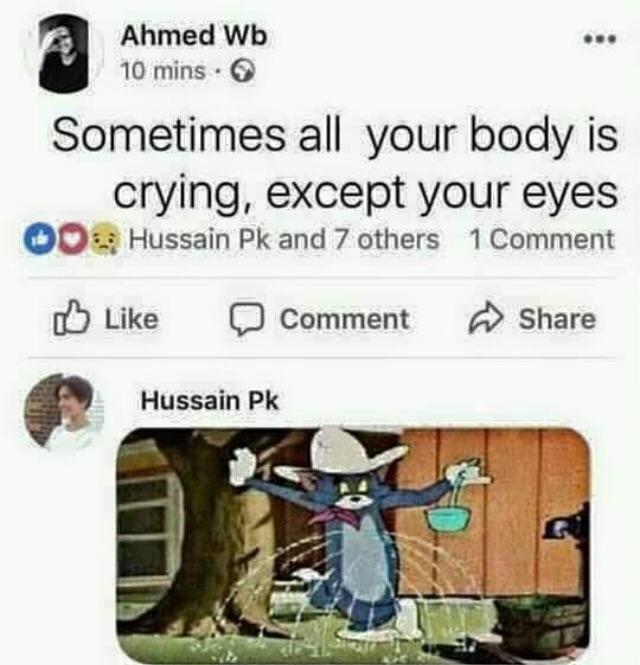 Ahmed 10 mins Sometimes all your body is crying, except your eyes Hussain апа 7 others 1Comment Like Comment Share Hussain