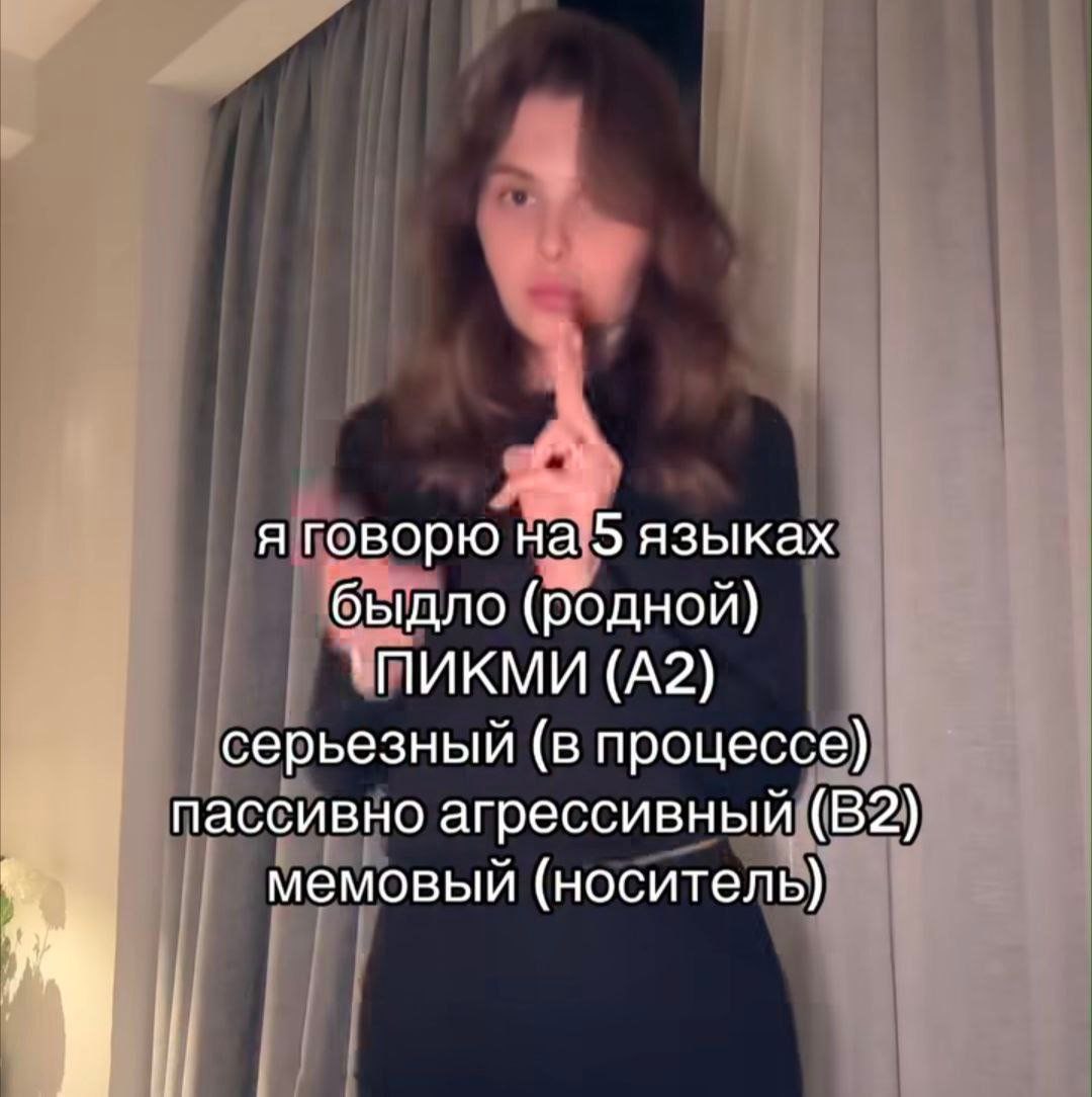 я говорю на 5 языках быдло (родной) `ПИКМИ (A2) серьезный (в процессе) пассивно агрессивный (В2) мемовый (носитель)