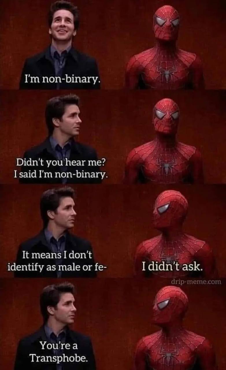 ‘and non-binary. Didn't you hear me? I said non-binary. It means I don't identify as male or I didn't ask. drip-meme.com Yourea Transphobe.