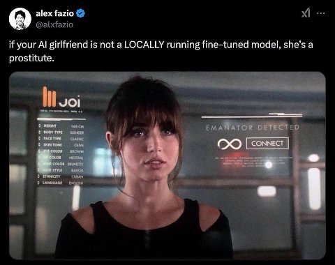 alex fazio if your girlfriend is not a LOCALLY running fine-tuned model, she’s a prostitute TYPE SKIN TONE FACE ТУРЕ COLOR iT i А