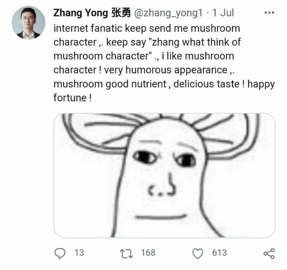 Yong Ж @zhang_yong1 1 Jul internet fanatic keep send me mushroom character keep say "zhang what think of mushroom character" i like mushroom character very humorous mushroom good nutrient, delicious t
