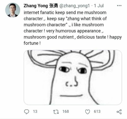 Yong Ж @zhang_yong1 1 Jul internet fanatic keep send me mushroom character keep say "zhang what think of mushroom character" i like mushroom character very humorous mushroom good nutrient, delicious t