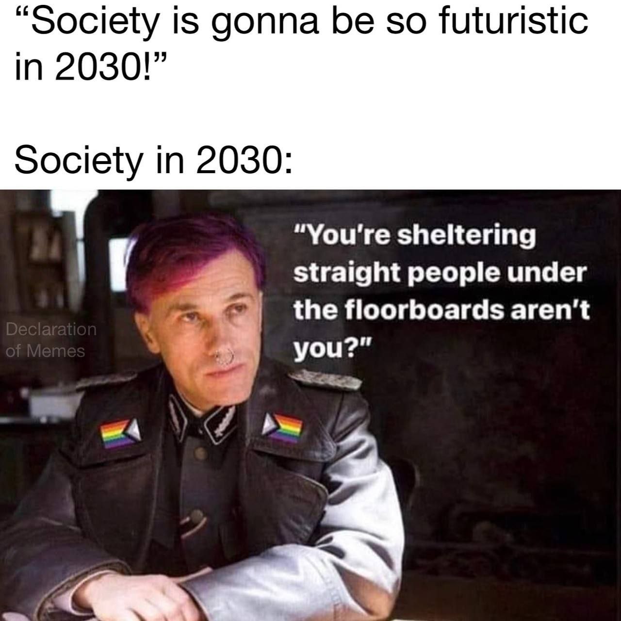 “Society is gonna be so futuristic in 2030!” Society in 2030: “You're sheltering if straight people under the floorboards aren't you?"