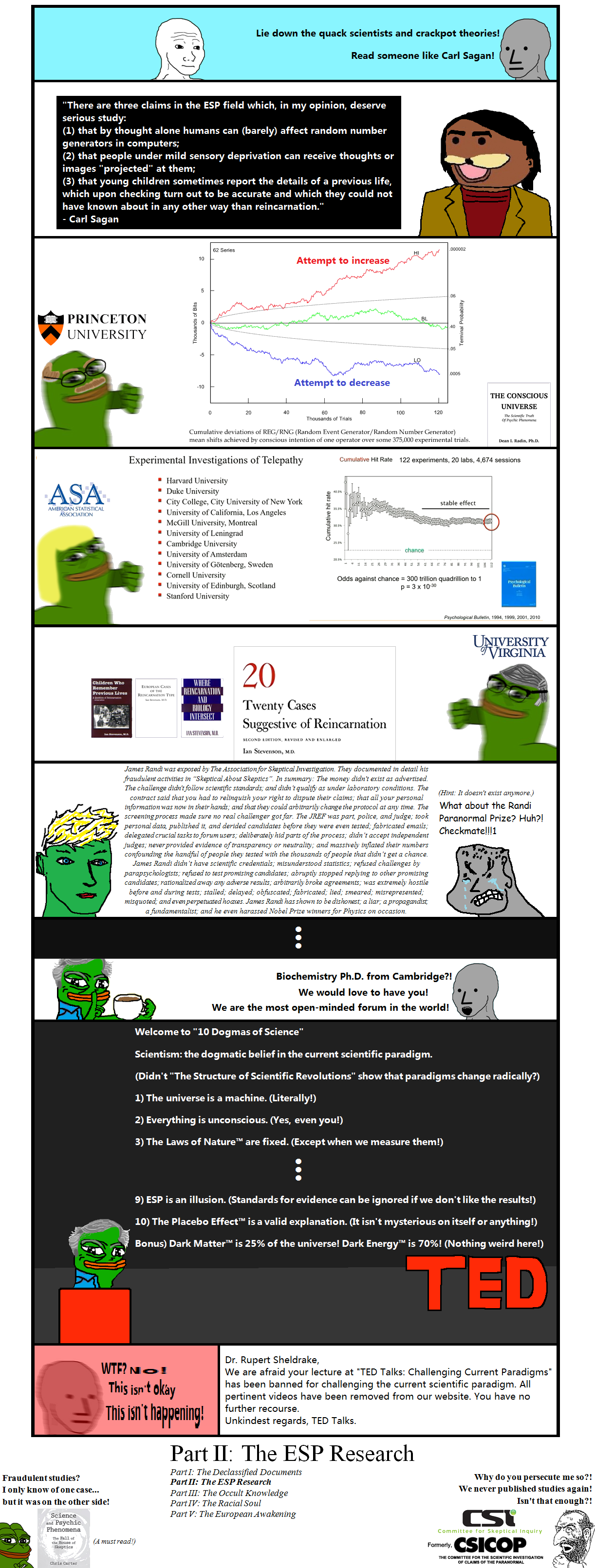 down the quack scientists and crackpot theories! Read someone like Carl Sagan! “There are three claims in the ESP field which, in my opinion, deserve serious study: (1) that thought alone humans can (