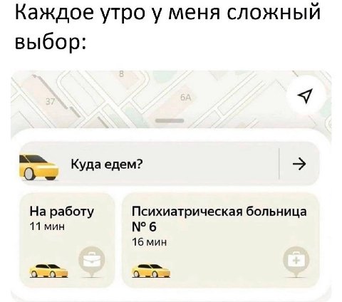Каждое утро у меня сложный выбор: Bee Куда едем? На работу Психиатрическая больница 11 мин №6 16 мин