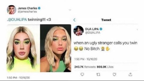 James Charles @jamescharles .@DUALIPA twinning!!! <3 Tweet DUA ЦРА @DUALIPA у when an ugly stranger calls you twin А NoBitch 4 i 1:55 10/10/20 1 Retweets Likes 1:50 10/10/20