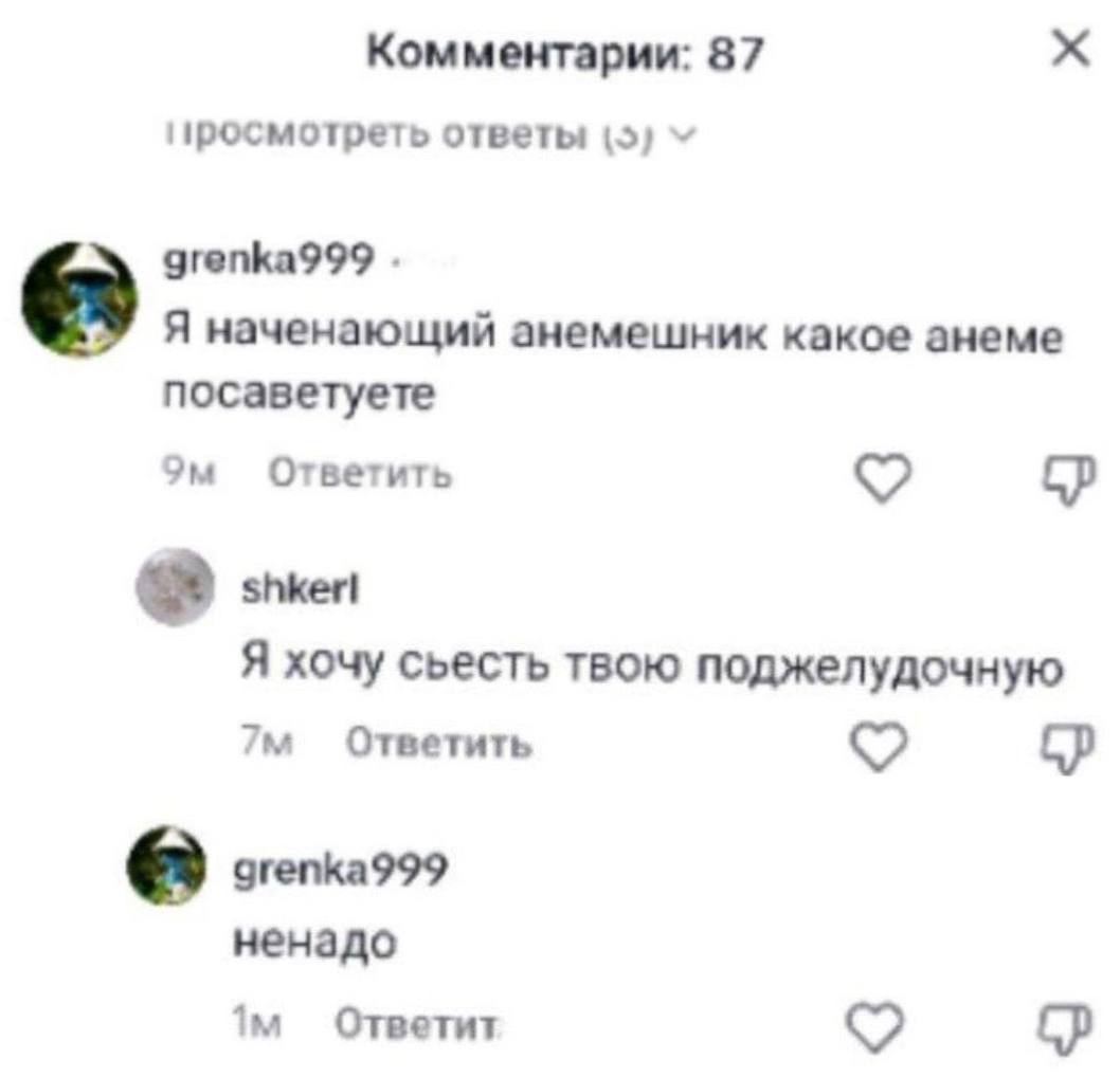 Комментарии: 87 просмотреть ответы (5) grenka999 Я наченающий анемешник какое анеме посаветуете Ответить Я хочу сьесть твою поджелудочную Ответить grenka999 ненадо Ответит