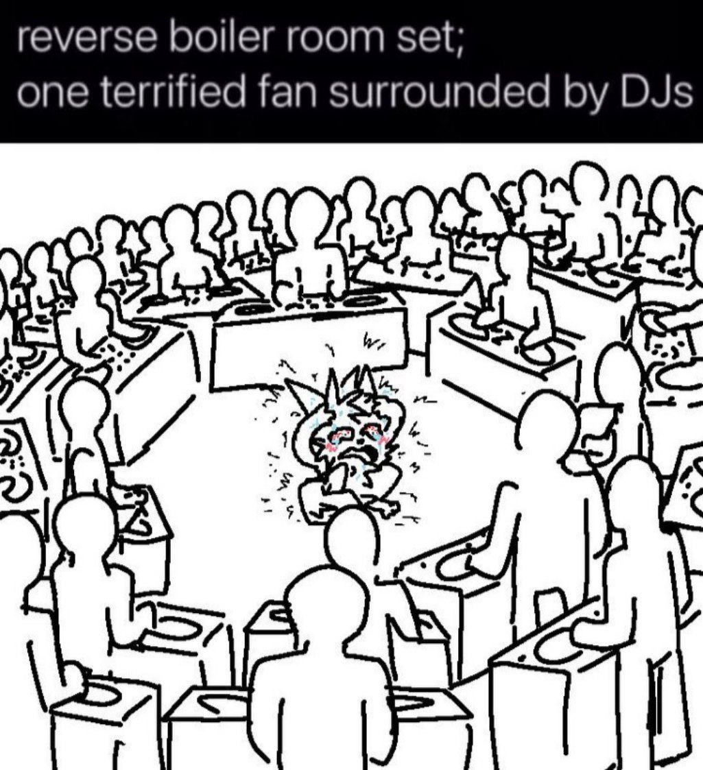 reverse boiler room set; one terrified fan surrounded DJs ON i