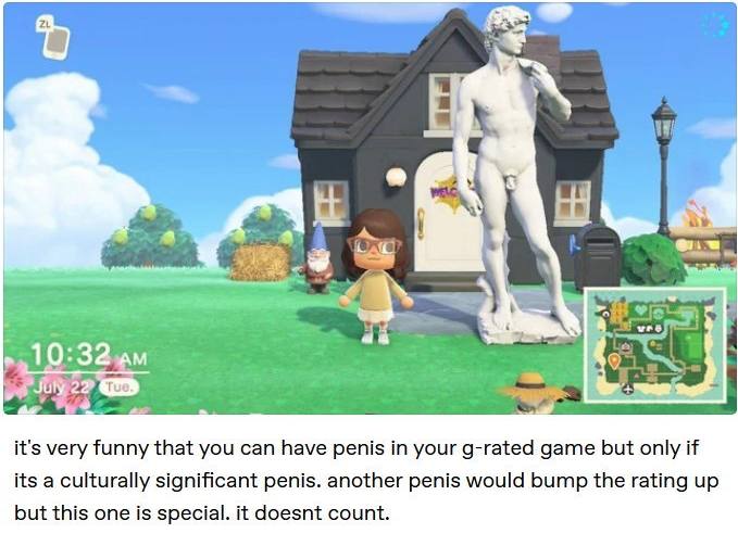 5% А 4.7% it's very funny that you can have penis your g-rated game but only if its a culturally significant penis. another penis would bump the rating up but this one is special. it doesnt count.