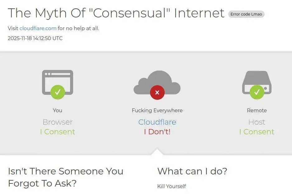 The Myth Of "Consensual" Internet Visit cloudflare.com for по help.at all. 2025-11-18 14:12:50 UTC You Fucking Everywhere Remote Browser Cloudflare Host Consent Don't! Consent Isn't There Someone You 