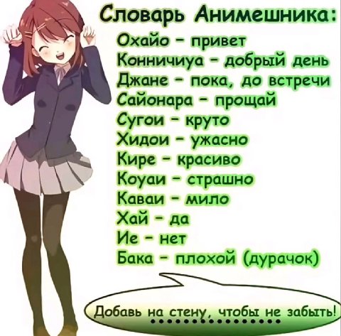 Словарь Анимешника: Охайо привет Конничиуа добрый день Джане пока, до встречи Сайонара прощай Сугои круто Хидои ужасно Кире красиво Коуаи страшно Каваи мило Хай да Vie нет Бака плохой (дурачок) Добавь