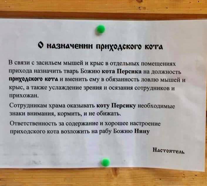 назначении приходского кота В связи с засильем мышей и крыс в отдельных помещениях прихода назначить тварь Божию кота Персика на должность приходского кота и вменить ему в обязанность ловлю мышей и кр
