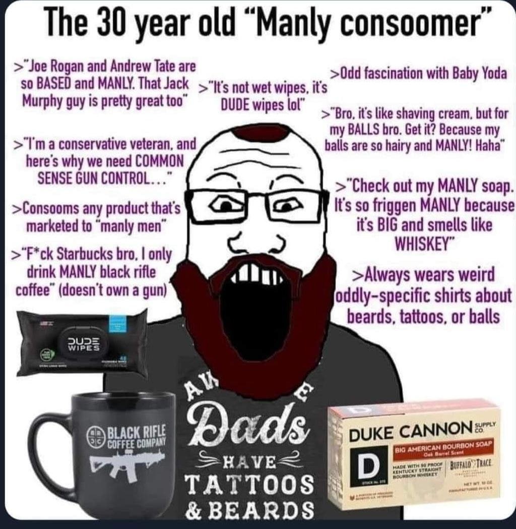 The 30 year old “Manly consoomer >"Joe Rogan and Andrew Tate are >Odd fascination with Baby Yoda so BASED and MANLY. That Jack not wet wipes, it's Murphy guy is pretty great too” DUDE wipes lol” it’s 