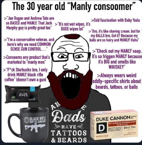 The 30 year old “Manly consoomer >"Joe Rogan and Andrew Tate are >Odd fascination with Baby Yoda so BASED and MANLY. That Jack not wet wipes, it's Murphy guy is pretty great too” DUDE wipes lol” it’s 