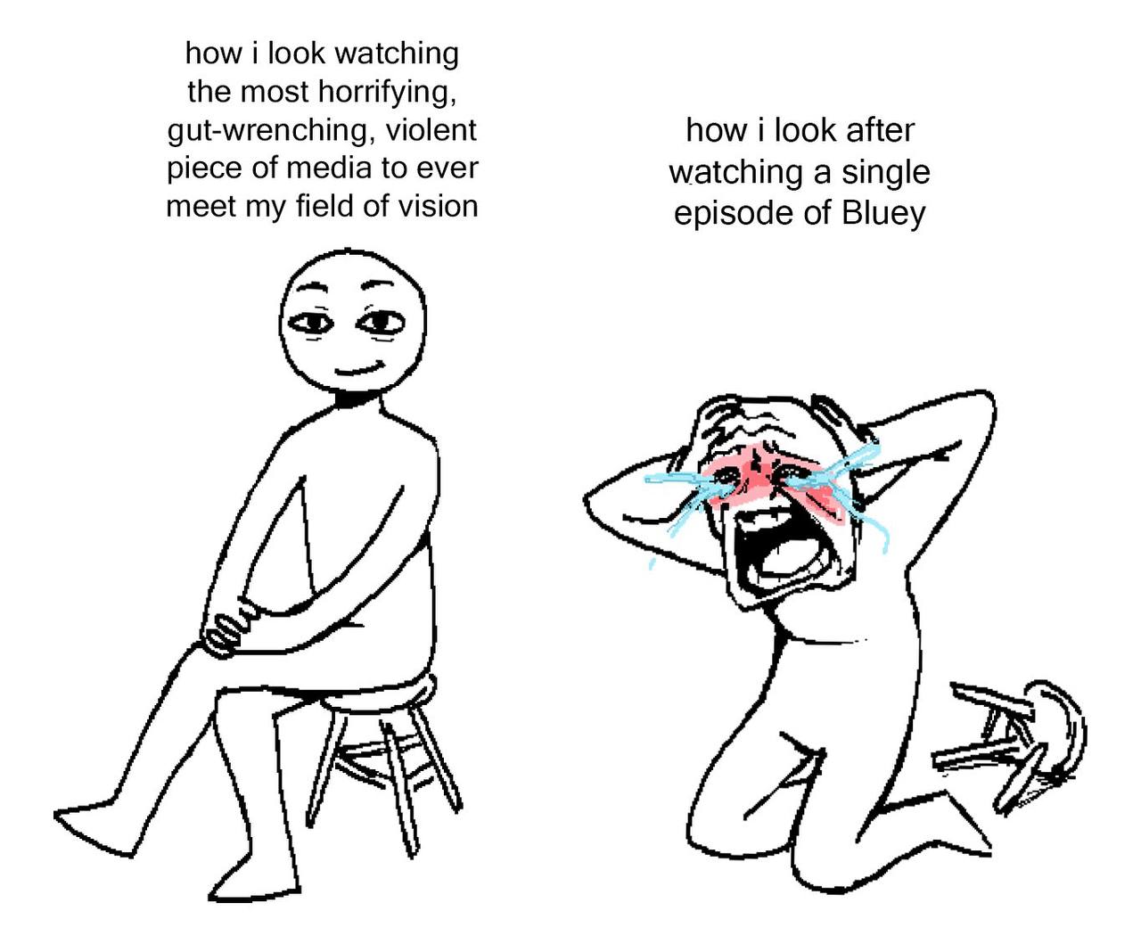 how i look watching the most horrifying, gut-wrenching, violent how i look after piece of media to ever watching a single meet my field of vision episode of Bluey