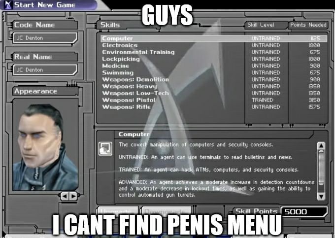 Start New Game С Code Name Skills 7 Skill Level Points Needed Electronics UNTRAINED Training UNTRAINED 575 Веа! Мате Lockpicking UNTRAINED Medicine UNTRAINED Swimming UNTRAINED 575 Weapons: UNTRAINED 