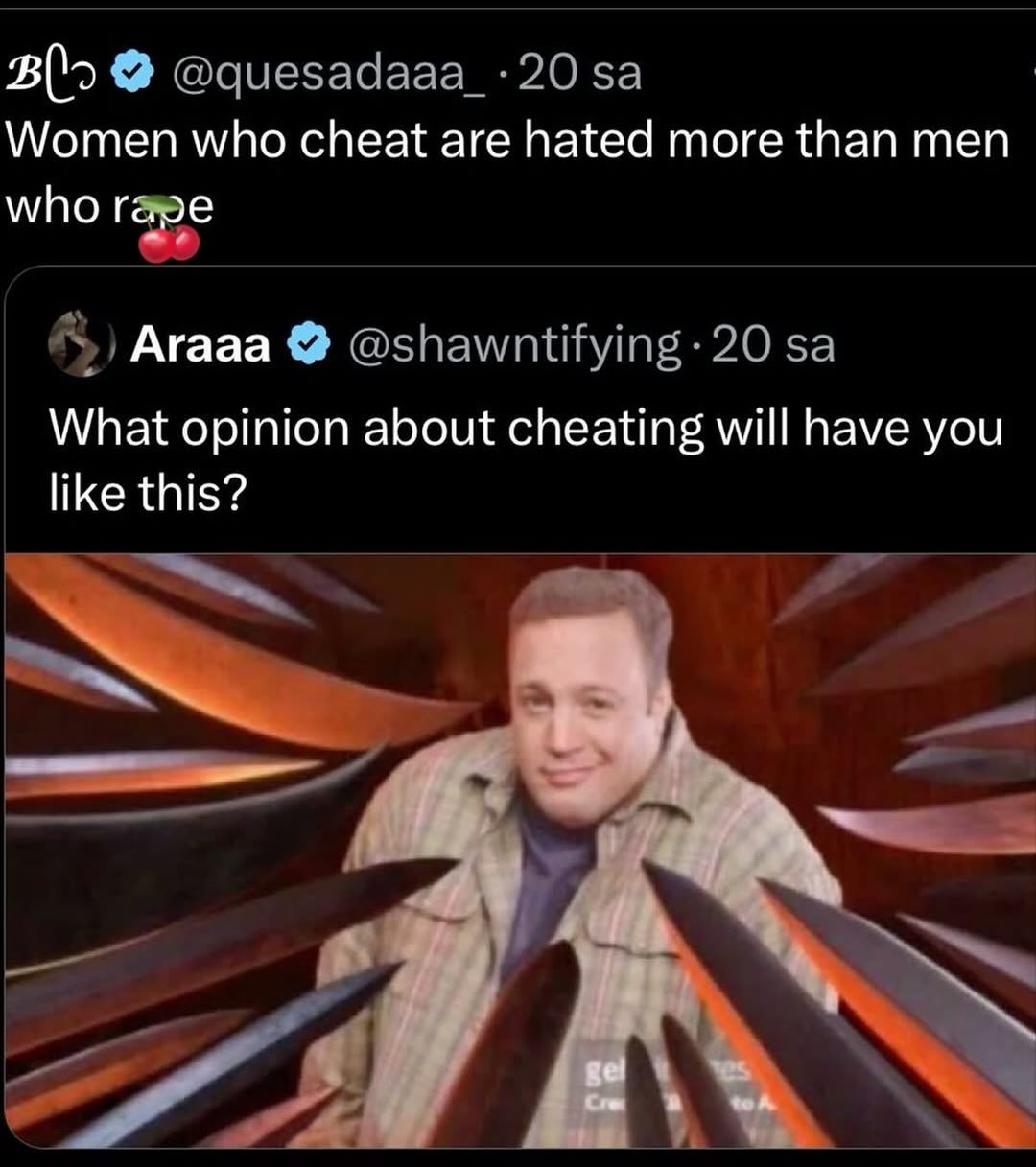 Blo за Women who cheat are hated more than men who rape Агааа What opinion about cheating will have you like this? у ves 5 в