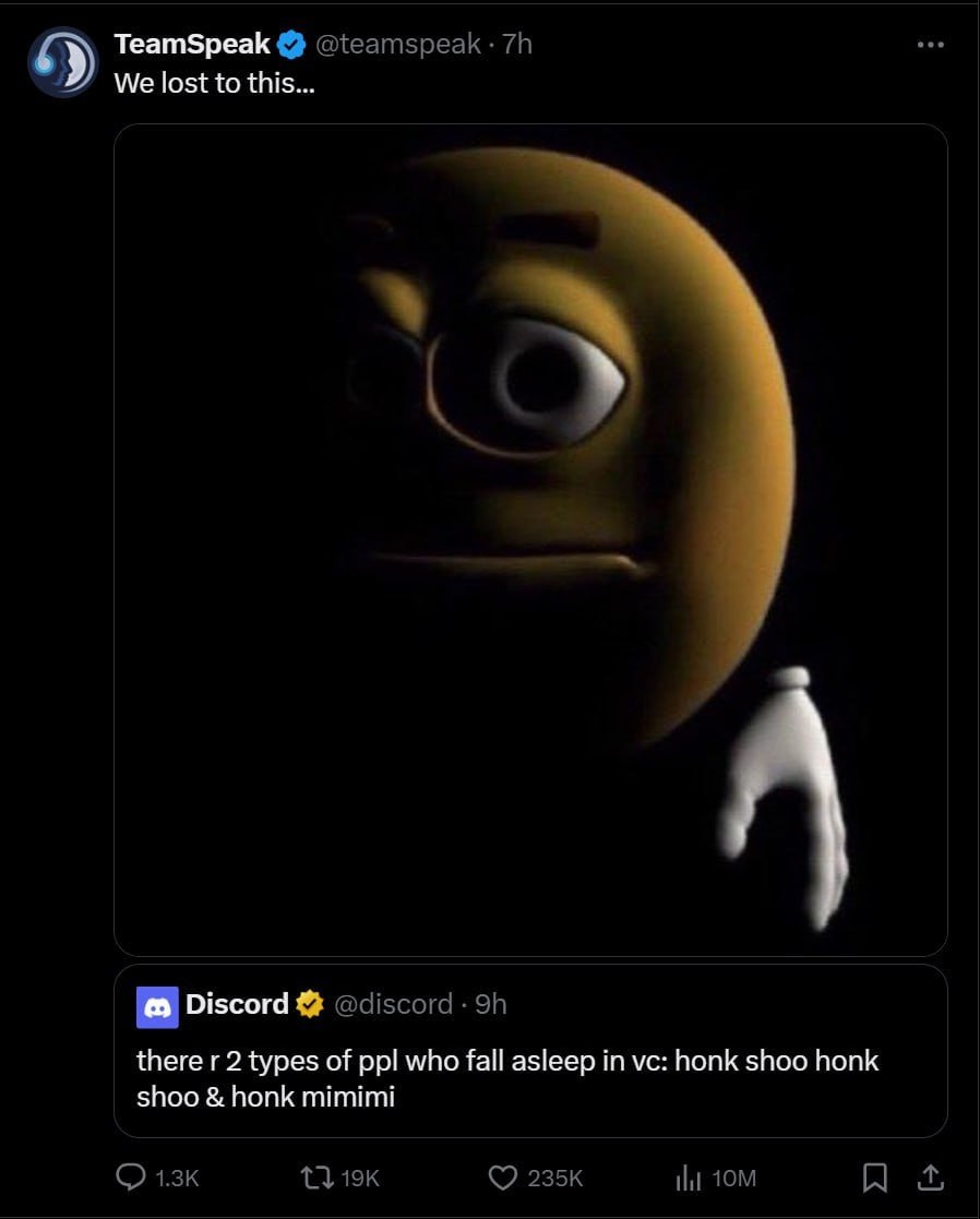 TeamSpeak We lost to this... Discord there 2 types of ppl who fall asleep in honk shoo honk shoo honk mimimi