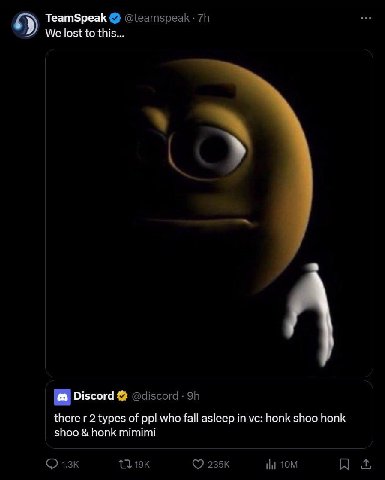 TeamSpeak We lost to this... Discord there 2 types of ppl who fall asleep in honk shoo honk shoo honk mimimi
