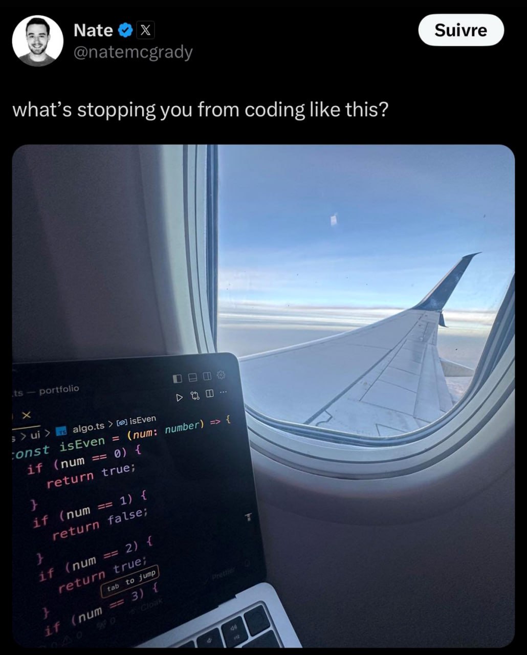Nate @natemcgrady what’s stopping you from coding like this? paws algo-ts 7 tel umber) at onst isE ven гие; ret (num if num jure