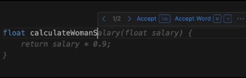 1/2 Accept Accept Word float calculateWomanSplary(float salary) return salary @.9;