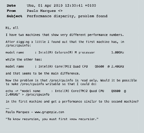 Date Thu, 01 Apr 2010 12:30:41 +0100 From Paulo Marques Subject Performance disparity, problem found all I have two machines that show very different performance numbers. After digging a little I foun