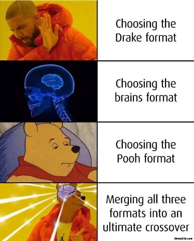Choosing the Drake format Choosing the brains format Choosing the Pooh format Merging all three a formats into an ultimate crossover MemeZila.com