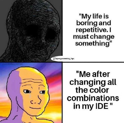 "My life is boring and repetitive. must change something" "Me after changing all с the color combinations inmy IDE"