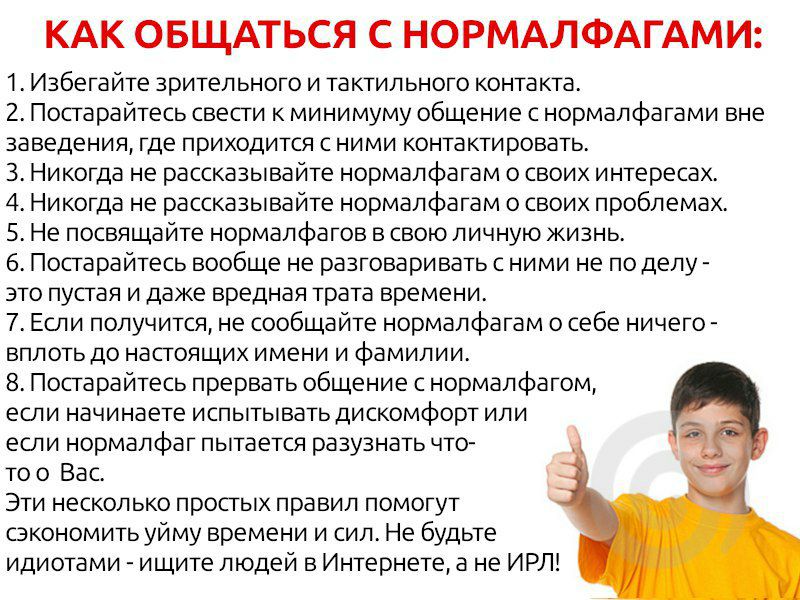 КАК ОБЩАТЬСЯ С НОРМАЛФАГАМИ: 1. Избегайте зрительного и тактильного контакта. 2. Постарайтесь свести к минимуму общение снормалфагами вне заведения, где приходится сними контактировать. 3. Никогда не 