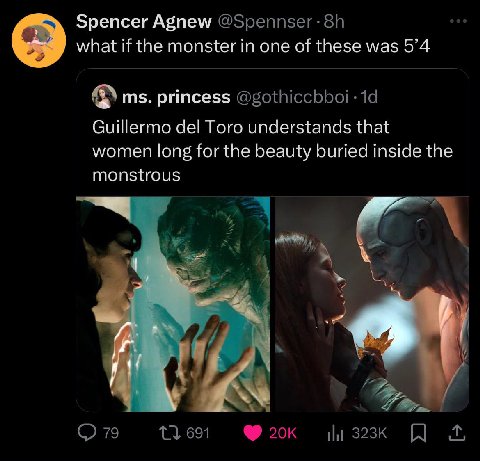Spencer Agnew @Spennser: what if the monster in one of these was 5’4 9 princess @gothiccbboi Guillermo del Toro understands that women long for the beauty buried inside the monstrous О 79 691
