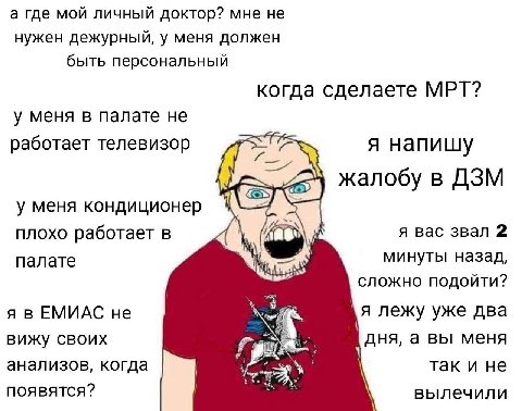 а где мой личный доктор? мне не нужен дежурный, у меня должен быть персональный когда сделаете МРТ? у меня в палате не работает телевизор я напишу жалобу в ДЗМ у меня кондиционер плохо работает в я ва