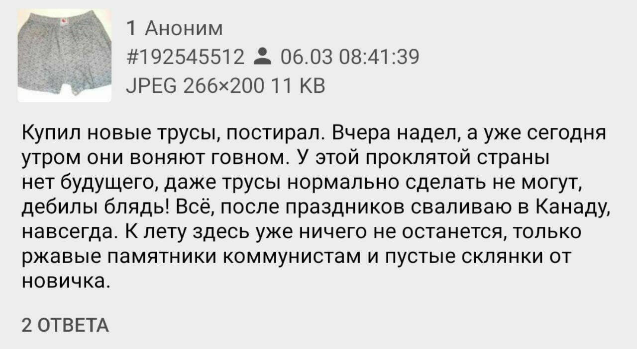 1 Аноним #192545512 06.03 08:41:39 JPEG 11 Купил новые трусы, постирал. Вчера надел, а уже сегодня утром они воняют говном. У этой проклятой страны нет будущего, даже трусы нормально сделать не могут,