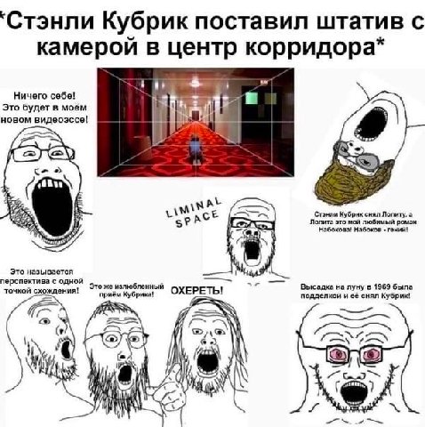 “Стэнли Кубрик поставил штатив с камерой в центр корридора Ничего себе! Это будет в моём новом видеоэссе! Karey снял Политу, а любимый роман Набоков гений! Это называется перспектива с одной Высадка н