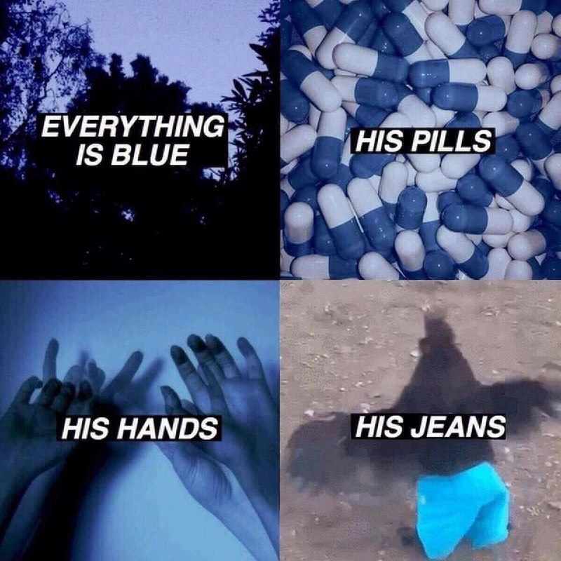 EVERYTHING IS BLUE HIS PILLS HIS HANDS HIS JEANS