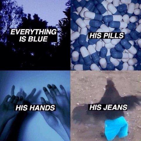 EVERYTHING IS BLUE HIS PILLS HIS HANDS HIS JEANS