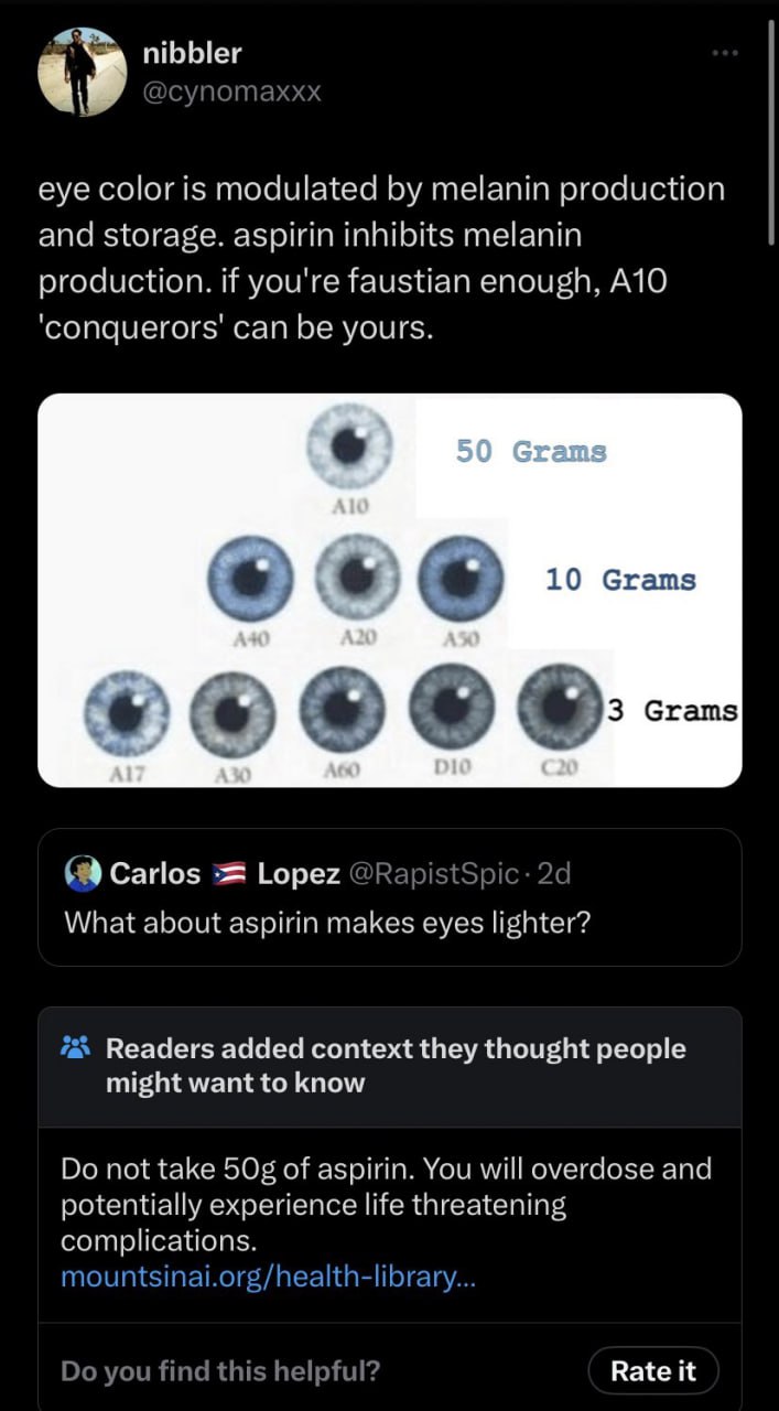 nibbler eye color is modulated melanin production and storage. aspirin inhibits melanin production. if you're faustian enough, A10 can be yours. к 50 Grams Vat Lopez What about aspirin makes eyes ligh