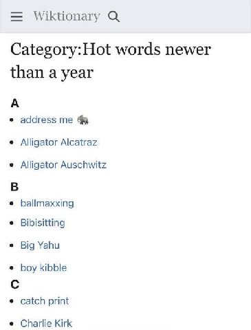 https://en.wiktionary.org/wiki/Category:Hot_words_newer_than_a_year