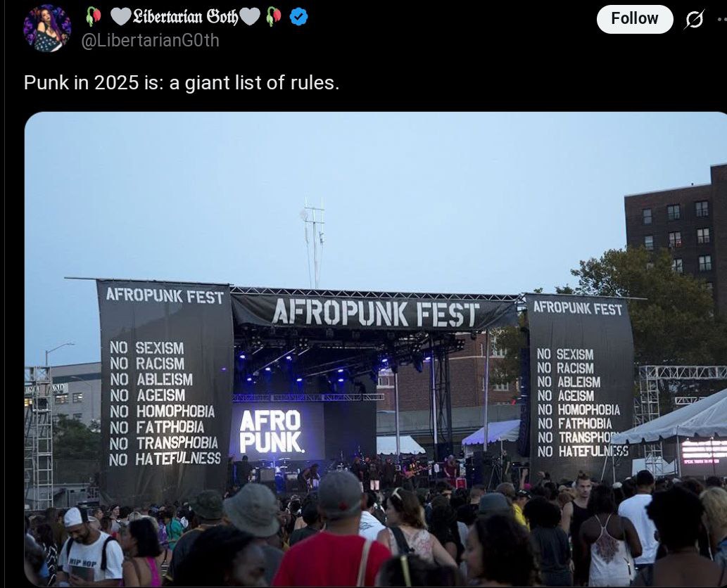 Goh GID @LibertarianGOth Punk in 2025 is: a giant list of rules a” AFROPUNK FEST A AFROPUNK FEST AFROPUNK FES NO SEXISM NO RACISM SEXISM NO ABLEISM NO RACISM NO AGEISM NO HOMOPHOBIA NO HOMOPHOBIA NO F