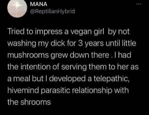 МАМА @ReptilianHybrid Tried to impress a vegan girl not washing my dick for 3 years until little mushrooms grew down there had the intention of serving them to her as but developed a telepathic, hivem