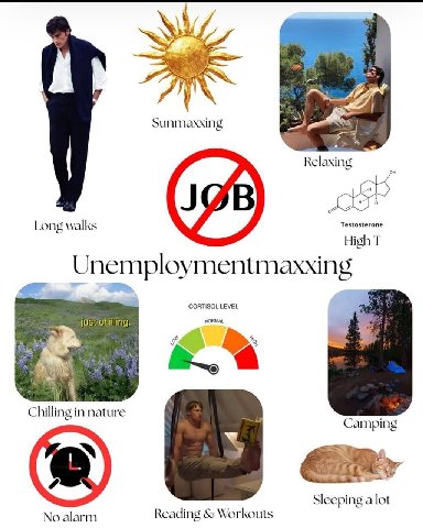 Relaxing он Testosterone Long walks High Unemploymentmaxxing CORTISOL LEVEL NORMAL Chilling in nature Camping Sleeping a lot No alarm Reading Workouts