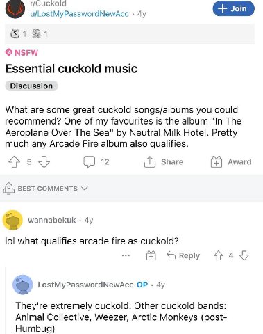 u/LostMyPasswordNewAcc NSFW Essential cuckold music Discussion What are some great cuckold songs/albums you could recommend? One of my favourites is the album "In The Aeroplane Over The Sea" Neutral M