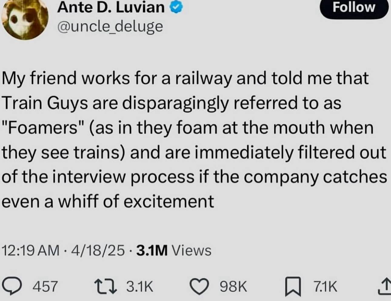О. Luvian @uncle deluge My friend works for а railway and told me that Train Guys are disparagingly referred to as "Foamers" (as in they foam at the mouth when they see trains) and are immediately fil